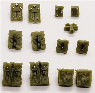 Pouch & Pocket Deluxe Modular Set: OLIVE GREEN Version - 1:18 Scale Modular MTF Accessories for 3-3/4" Action Figures