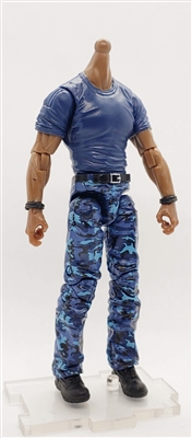 MTF Male Body WITHOUT Head - BLUE SHIRT & BLUE CAMO PANTS  "Contract-Ops" DARK Skin Version - 1:18 Scale Marauder Task Force Action Figure