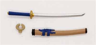 Samurai Long Katana Sword & Scabbard: TAN with BLUE & GOLD Details - 1:18 Scale Modular MTF Weapon for 3-3/4" Action Figures