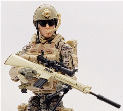SOPMOD TAN & BLACK AR Sniper Rifle with Scope, Bipod, Suppressor & Ammo Mag - "Modular" 1:18 Scale Weapon for 3-3/4 Inch Action Figures