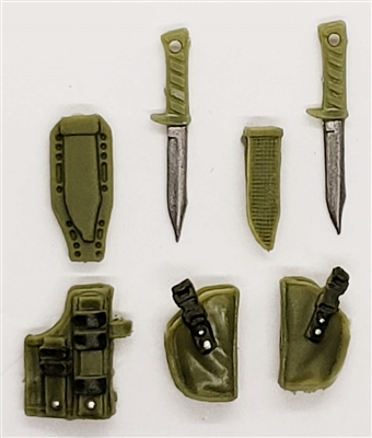 Pistol Holster & Knife Sheath Deluxe Modular Set: OLIVE GREEN Version - 1:18 Scale Modular MTF Accessories for 3-3/4" Action Figures