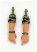 Male Forearms: Bare with GREEN & BLACK CAMO (Jungle-ops) Rolled Up Sleeves WITH Hands LIGHT Skin Tone - Right AND Left (Pair) - 1:18 Scale MTF Accessory for 3-3/4" Action Figures