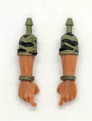 Male Forearms: Bare with GREEN & BLACK CAMO (Jungle-ops) Rolled Up Sleeves WITH Hands TAN Skin Tone - Right AND Left (Pair) - 1:18 Scale MTF Accessory for 3-3/4" Action Figures