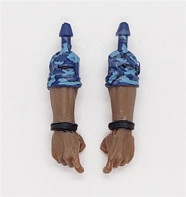 Male Forearms: Bare with BLUE CAMO MKII Rolled Up Sleeves WITH Hands DARK Skin Tone - Right AND Left (Pair) - 1:18 Scale MTF Accessory for 3-3/4" Action Figures