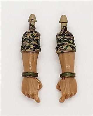 Male Forearms: Bare with CAMO TAN/GREEN/BROW MKII Rolled Up Sleeves WITH Hands LIGHT TAN (ASIAN) Skin Tone - Right AND Left (Pair) - 1:18 Scale MTF Accessory for 3-3/4" Action Figures