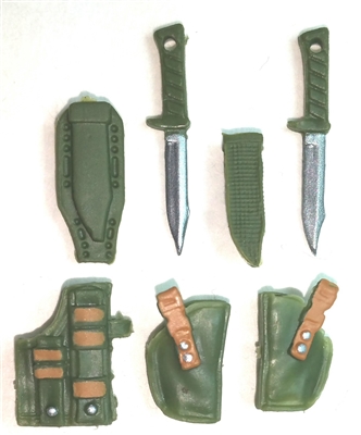Pistol Holster & Knife Sheath Deluxe Modular Set: GREEN & Brown Version - 1:18 Scale Modular MTF Accessories for 3-3/4" Action Figures