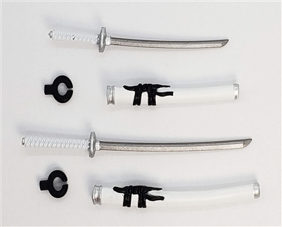 Samurai Long & Short Sword Set: WHITE with BLACK Details - 1:18 Scale Modular MTF Weapon for 3-3/4" Action Figures