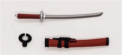 Samurai Short Wakizashi Sword & Scabbard: RED with BLACK Details - 1:18 Scale Modular MTF Weapon for 3-3/4" Action Figures