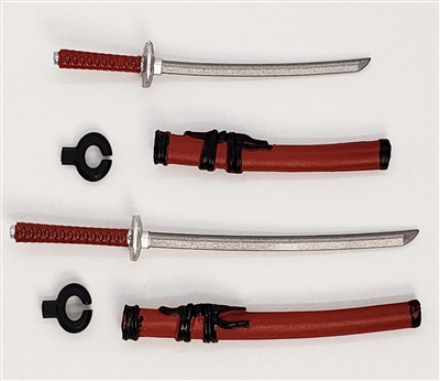 Samurai Long & Short Sword Set: RED with BLACK Details - 1:18 Scale Modular MTF Weapon for 3-3/4" Action Figures