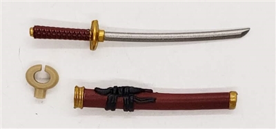 Samurai Short Wakizashi Sword & Scabbard: BURGUNDY with BLACK & GOLD Details - 1:18 Scale Modular MTF Weapon for 3-3/4" Action Figures