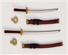 Samurai Long & Short Sword Set: BURGUNDY with BLACK & GOLD Details - 1:18 Scale Modular MTF Weapon for 3-3/4" Action Figures