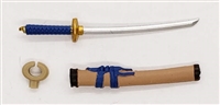 Samurai Short Wakizashi Sword & Scabbard: TAN with BLUE & GOLD Details - 1:18 Scale Modular MTF Weapon for 3-3/4" Action Figures
