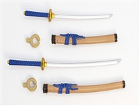 Samurai Long & Short Sword Set: TAN with BLUE & GOLD Details - 1:18 Scale Modular MTF Weapon for 3-3/4" Action Figures