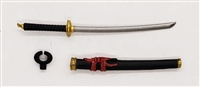 Samurai Long Katana Sword & Scabbard: BLACK with RED & GOLD Details - 1:18 Scale Modular MTF Weapon for 3-3/4" Action Figures