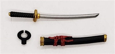 Samurai Short Wakizashi Sword & Scabbard: BLACK with RED & GOLD Details - 1:18 Scale Modular MTF Weapon for 3-3/4" Action Figures