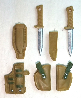 Pistol Holster & Knife Sheath Deluxe Modular Set: DARK TAN & Green Version - 1:18 Scale Modular MTF Accessories for 3-3/4" Action Figures