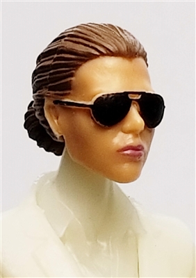 Female Head: "Reagan"  Light Skin Tone with Sunglasses, Brown Hair & Low Bun - 1:18 Scale MTF Valkyries Accessory for 3-3/4" Action Figures