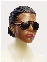 Female Head: "Reagan"  Dark Skin Tone with Sunglasses, Black Hair & Low Bun - 1:18 Scale MTF Valkyries Accessory for 3-3/4" Action Figures