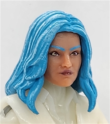 Female Head: "CHRISTINA" TAN Skin Tone with 2 (TWO) BLUE Hair Pieces (LONG AND MEDIUM Length) Deluxe Set - 1:18 Scale MTF Valkyries Accessory for 3-3/4" Action Figures