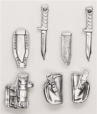 Pistol Holster & Knife Sheath Deluxe Modular Set: SILVER Version - 1:18 Scale Modular MTF Accessories for 3-3/4" Action Figures