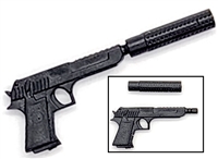 ENFORCER Semi-Automatic Pistol with REMOVABLE Silencer FLAT BLACK "MATTE" Version - 1:18 Scale Weapon for 3-3/4 Inch Action Figures